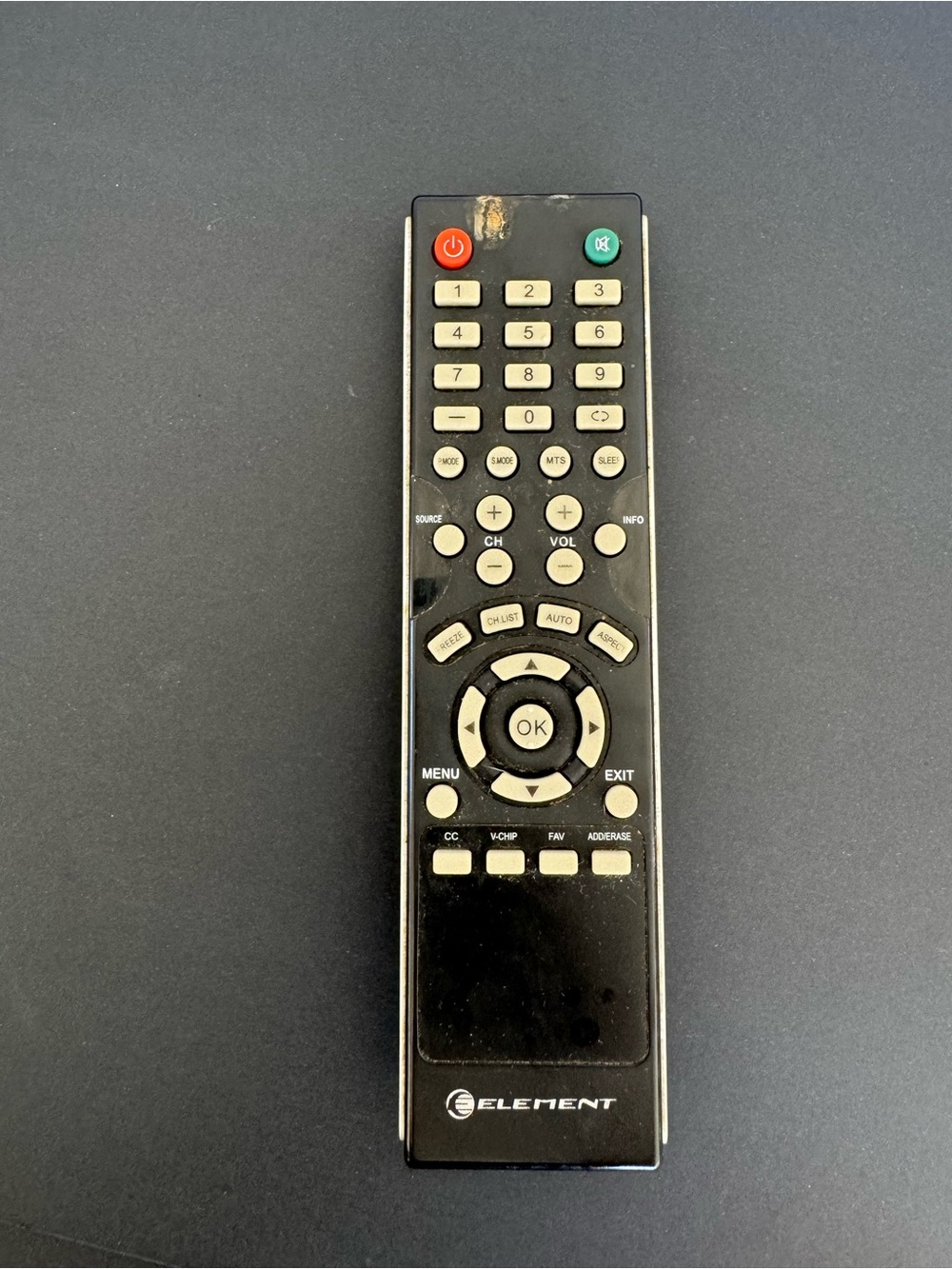 Element Black TV Remote with Red Power & Green Mute Buttons